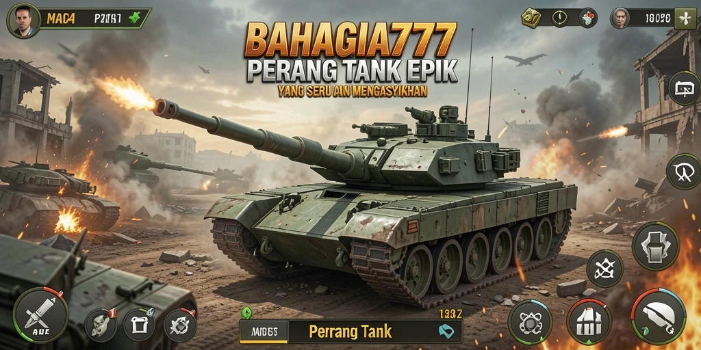 Antarmuka permainan BAHAGIA777 yang menampilkan strategi Perang Tank.