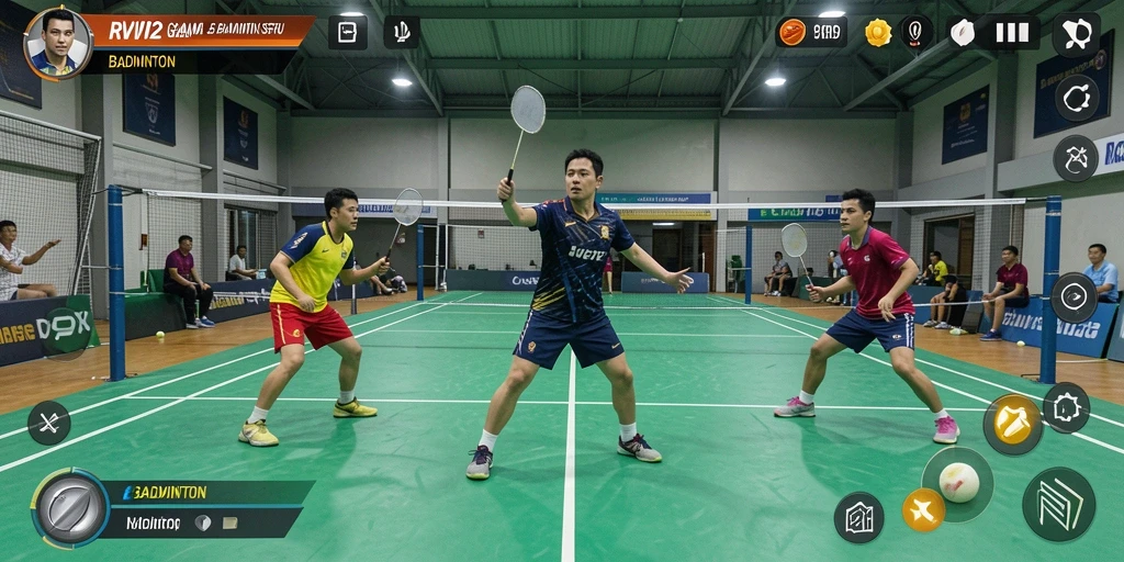 Tampilan antarmuka utama game Badminton RVIP2 yang menarik.